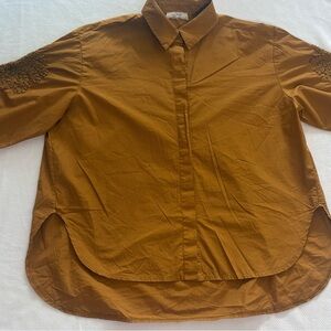 in Italy Women's Brown Embroidered Cotton Collared Blouse Button Down 3/4 Sleeve